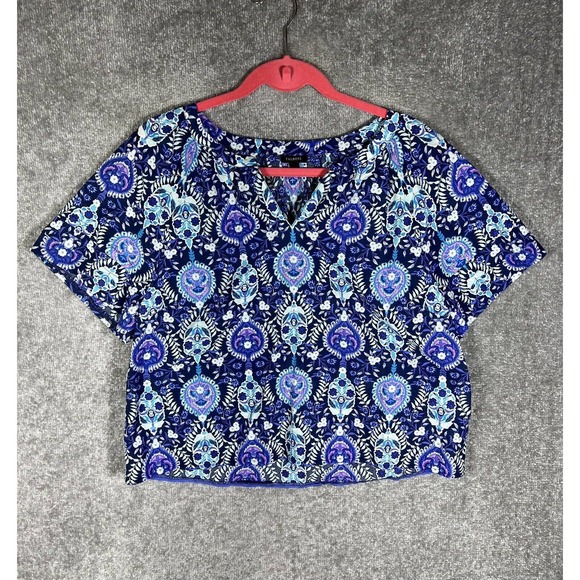 Talbots V-Neck Tiered Short Sleeve Blue Floral Crop Top Womens Large Lightweight - Picture 1 of 14